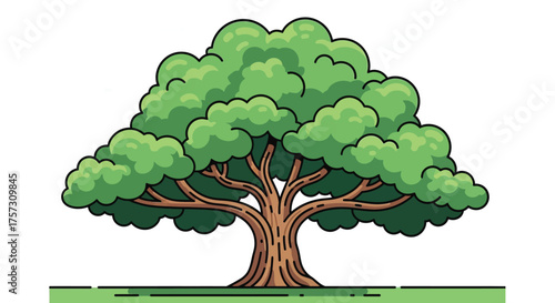 Cartoon tree with a full green canopy stands against a blue sky with white clouds in a simple natureinspired illustration on a sunny day outdoors