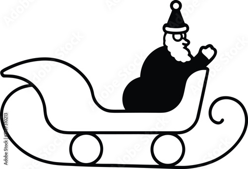 santa riding sleigh silhouette line art illustration on transparent background