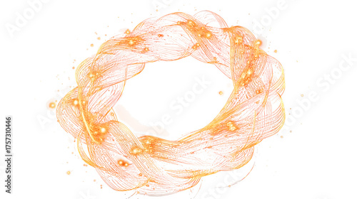 A 3D Christmas wreath made of glowing red and gold light trails, forming intricate festive patterns. Dynamic and abstract, isolated on a dark background.