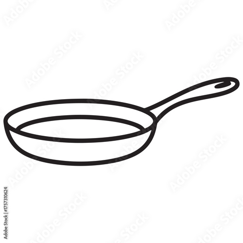 Simple black silhouette of a frying pan on a white background Simple outline drawing of a frying pan with handle
