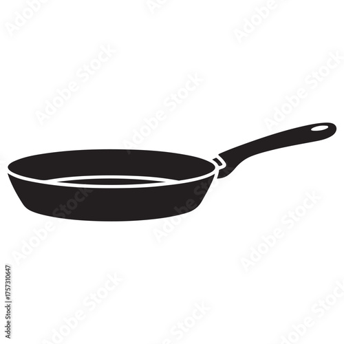 Simple black silhouette of a frying pan on a white background Simple outline drawing of a frying pan with handle
