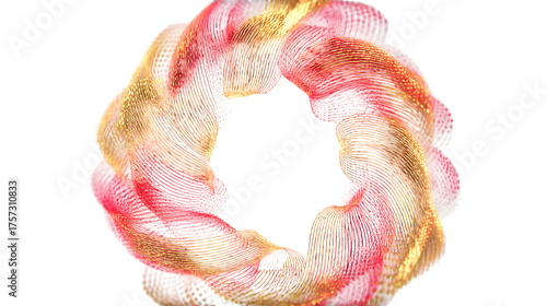 A 3D Christmas wreath made of glowing red and gold light trails, forming intricate festive patterns. Dynamic and abstract, isolated on a dark background.