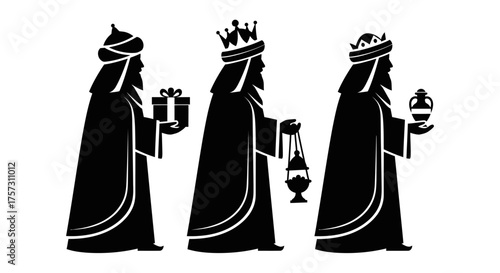 A classic vector silhouette design presents the Three Wise Men, known as the Magi, bearing symbolic gifts for the sacred Christmas story and Epiphany.