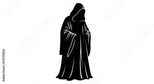 A mysterious, dark figure stands cloaked in a flowing robe, its face hidden by a deep hood, evoking an enigmatic and ominous presence.
