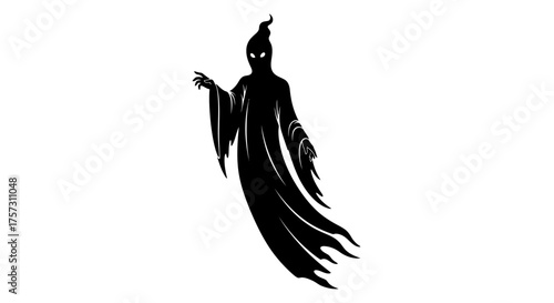 This eerie black silhouette of a hooded ghost with piercing bright eyes evokes a sense of dread and supernatural presence, perfect for horror themes.