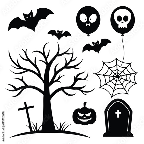 Spooky graveyard silhouette featuring bats, gnarled trees, tombstones, spiderwebs, and grinning balloons on a transparent background
