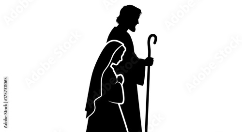 This elegant black silhouette depicts the Holy Family, Mary and Joseph, on their sacred journey, symbolizing the profound spiritual essence of the Christmas nativity story.