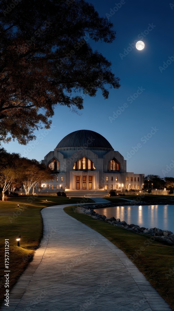 Obraz premium Majestic Architecture Under Moonlight by Tranquil Water Reflection in a Serene Evening Setting
