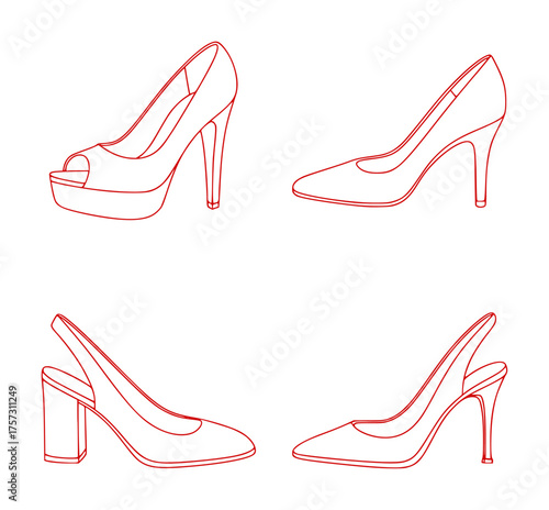 Collection of Four Red Line Art High Heel Shoe Styles