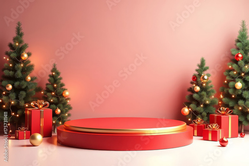 3D Christmas podium with stacked gift boxes. Festive pink podium with Christmas gifts and confetti. Luxurious Christmas stage with pink and gold decorations for holiday product display. 