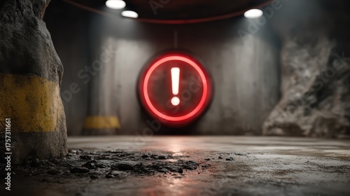 Unlit Underground Room with Warning Sign Illuminated by Neon Light Creates Instant Alert Atmosphere in Industrial Setting