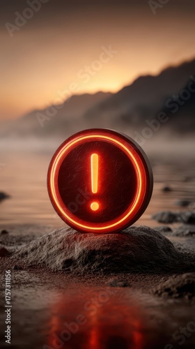 Warning Symbol Illuminated by Sunset on Rocky Shoreline with Moody Atmosphere and Gentle Waves in the Background