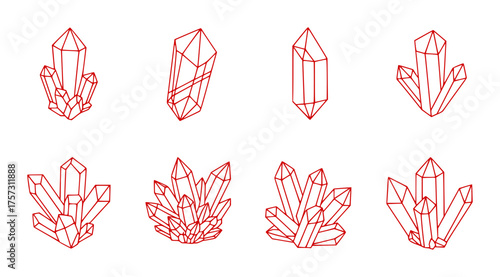 Collection of Red Line Art Crystal Clusters and Single Crystals