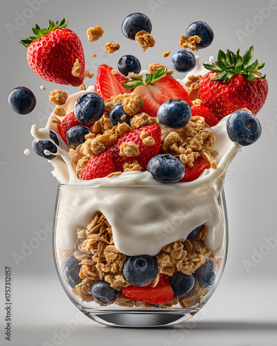 Muesli with yogurt and fresh berries in a glass on a gray background