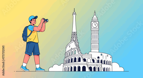 Global Traveler Capturing Iconic Landmarks in a Cartoon Style Illustration