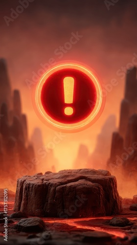 Digital warning sign in fiery landscape, alert symbol on rocky ground, glowing icon surrounded by volcanic rock formations, intense heat atmosphere, dramatic scenery