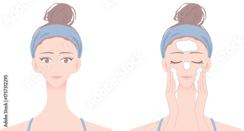 ヘアバンドをつけて洗顔をしている女性のイラスト