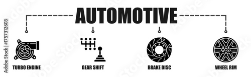 Automotive banner web icon vector illustration concept with icon of  Turbo Engine, Gear Shift, Brake Disc, Wheel Rim.