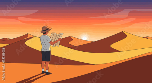 Lost In The Desert Man Reads A Map Under A Sunset Sky