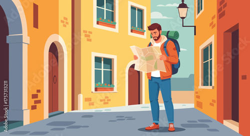 Lost Tourist Exploring A City Street With A Map And Backpack