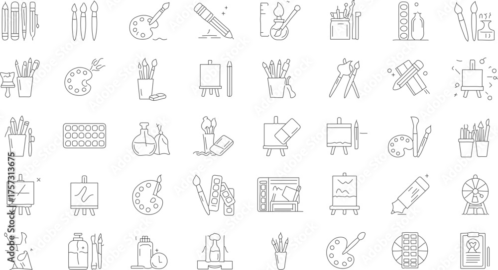Naklejka premium Outline Handdrawn Art Supplies and Painting Equipment Creative Icon Set