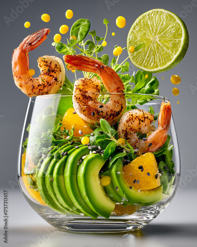 Shrimp salad with avocado, mango and sesame seeds in glass bowl