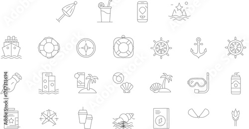 Minimalist Outline Summer Holiday Beach Vacation Elements Icon Set Illustration