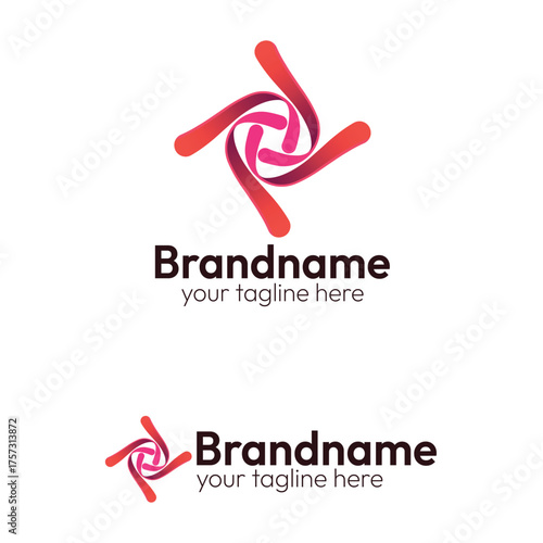 Abstract Pinwheel Logo Design Vector Template Featuring Dynamic Swirl of Four Connected Elements in Pink and Red Gradient for Technology or Global Brands