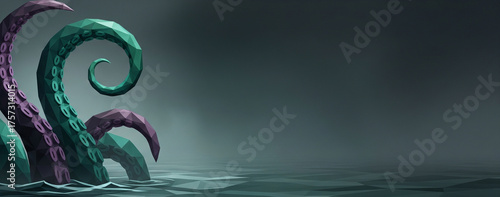 Low Poly Tentacles Halloween Banner, Geometric Sea Monster Illustration with Dark Water and Copy Space