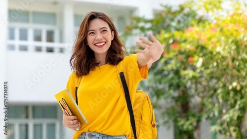 Smiling student waving outdoors with backpack