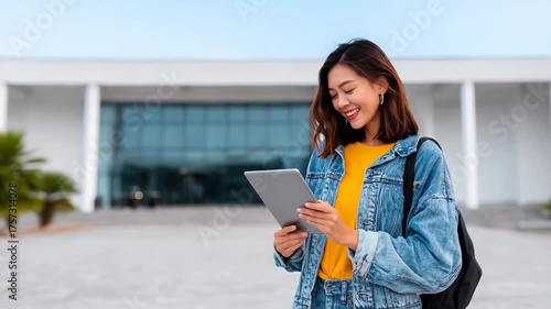 Young woman smiling while using tablet modern building