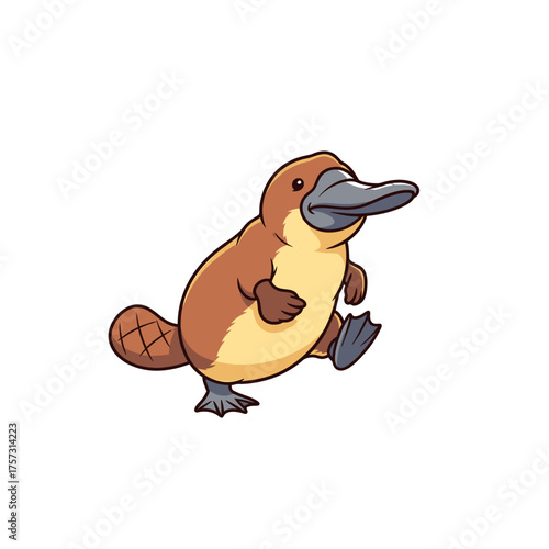 Cartoon platypus walking forward on white background.