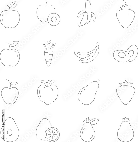 Dotted Line Handdrawn Fruit Food Minimalist Style Icon and Element Collection