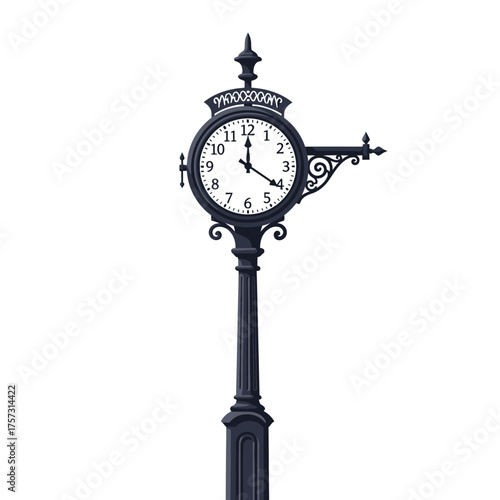 Elegant street clock displaying time, classic design, black color.