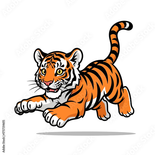 Playful tiger cub in mid-air, ready to pounce.