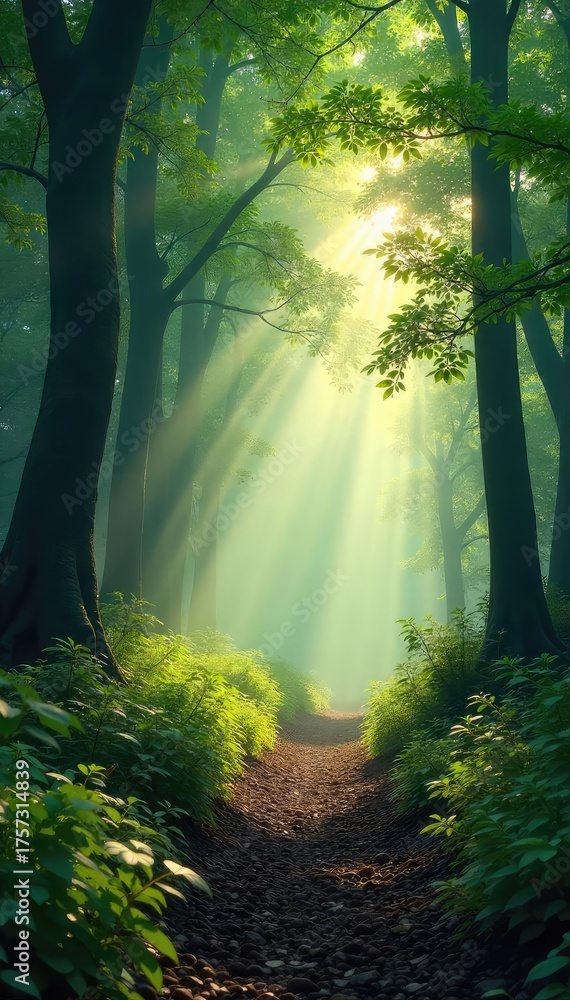 Obraz premium Misty morning in a lush forest, sunlight dappling through leaves, creating a mystical, breath-taking scene The air is still and fresh, a feeling of serenity and peace pervades , peaceful, background