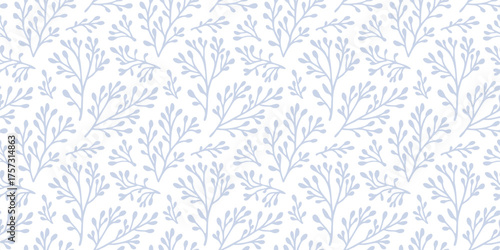 Blue and white vector botanical seamless pattern. Simple floral ornament with flower branches, twigs, leaves, seaweeds, corals. Subtle minimal organic background texture. Repeating design for fabric