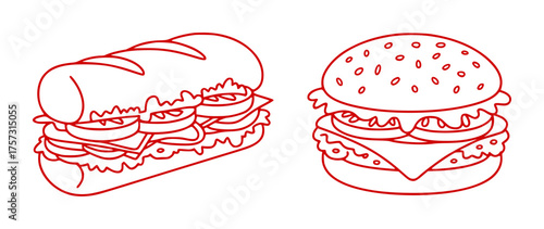 Red Line Art of a Sub Sandwich and a Hamburger