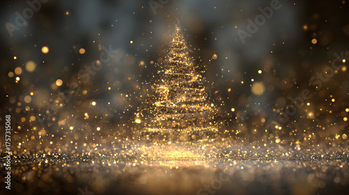 A beautiful Christmas tree made of golden bokeh glitter particles, dissolving into sparkling snow and starlight. Abstract and magical, designed for a transparent PNG background.