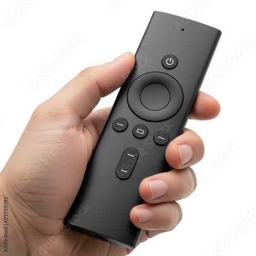 Hand Holding Black TV Remote Control Isolated on White