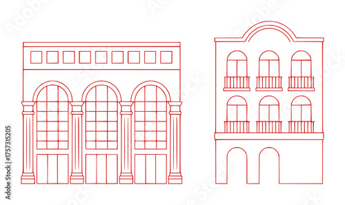 Red Line Drawings of Two Distinct Architectural Buildings