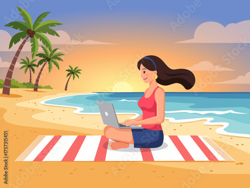 work life balance businesswoman working remotely beautiful beach digital nomad lifestyle