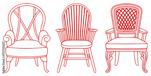 Three Red Line Art Chairs Wingback, Windsor, and Louis XV Style