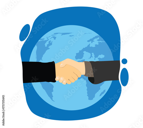 Handshake with Planet Globe World in the Background. Doing business and global partnership making a deal vector art
