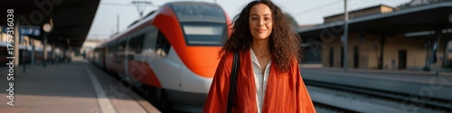 Young hispanic female smiling on train platform with red train in background