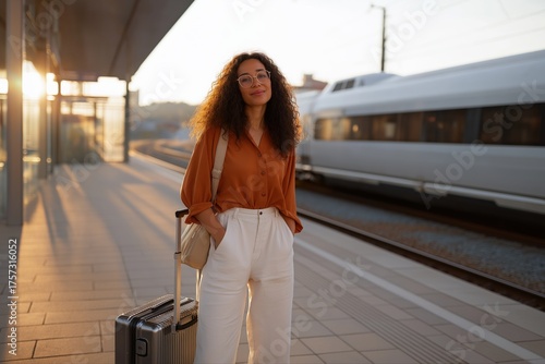 Young african female traveler waiting at train station with luggage and glasses