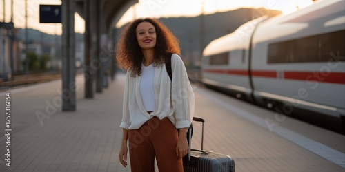 Young african female traveler smiling at train station with luggage at sunset