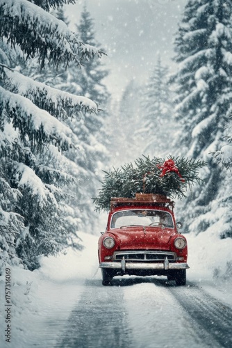 A classic red vintage car drives through a snowy forest road with a freshly cut Christmas tree tied to its roof