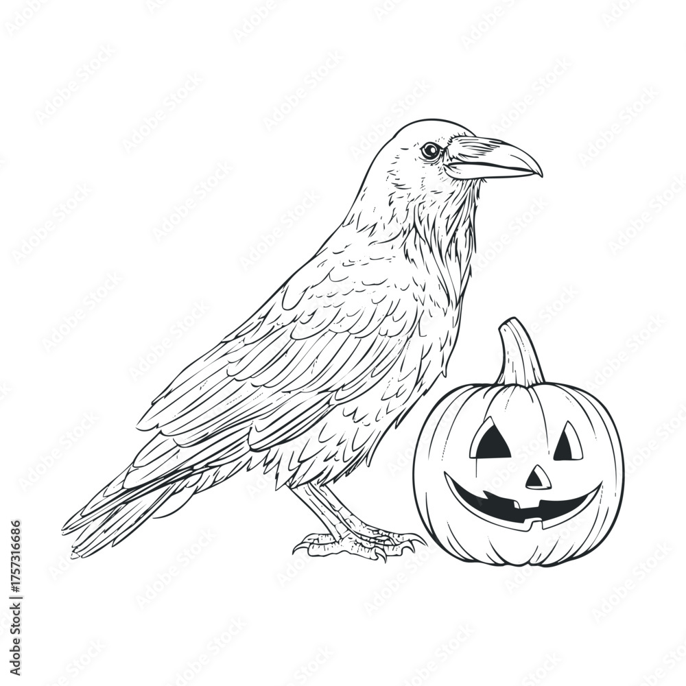 Fototapeta premium Halloween spirit with a crow and a carved pumpkin. Vector hand drawn illustration