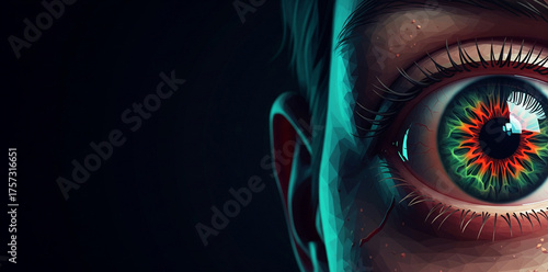 Watching Low Poly Eyeball Halloween Banner, Geometric Spooky Iris Illustration with Abstract Copy Space